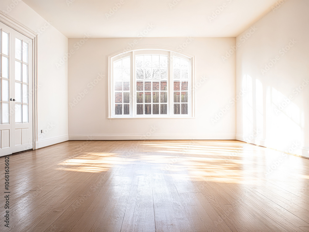 Bright and spacious empty room with wooden floors and large windows in the afternoon sunlight Bright and spacious empty room with wooden floors and large windows in the afternoon sunlight