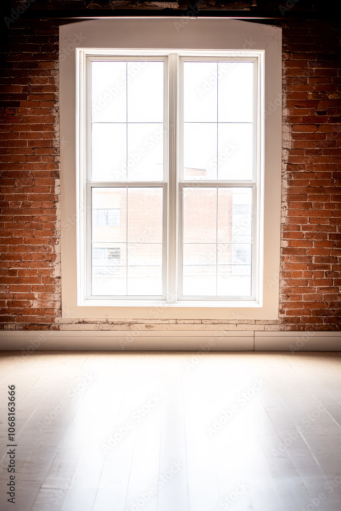 Fototapeta premium Sunlight streaming through a large window in a rustic brick-walled room during daylight