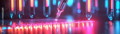 Automated pipette systems in action, transferring liquids into high-tech drug screening plates with glowing liquid reagents reacting under specific wavelengths of light photo