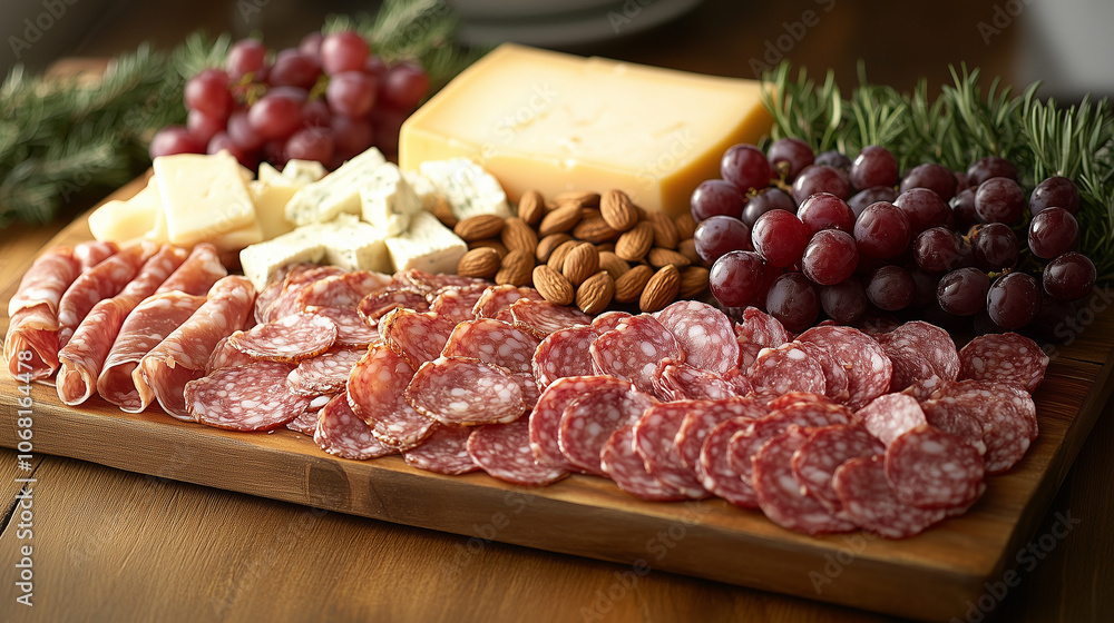 A beautifully arranged wooden charcuterie board featuring a selection of cured meats, cheeses, and fresh fruits, creating an inviting and elegant spread for any occasion A beautifully arranged wooden charcuterie board featuring a selection of cured meats, cheeses, and fresh fruits, creating an inviting and elegant spread for any occasion