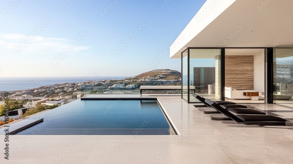 Fototapeta premium Modern luxury villa with infinity pool overlooking the sea in a coastal setting