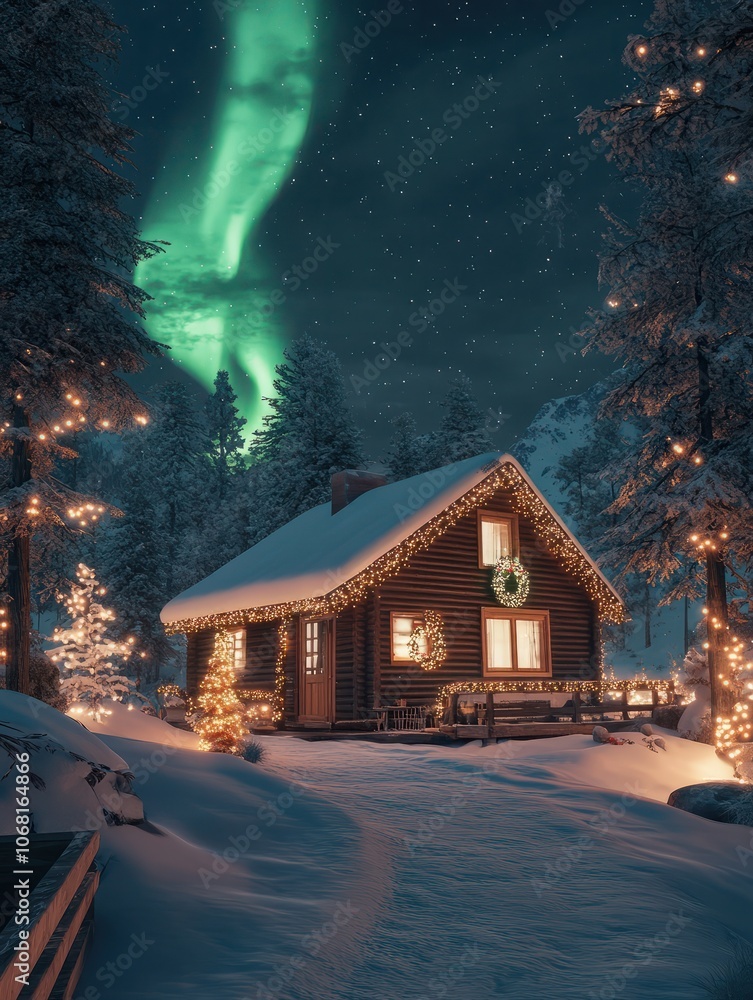 Charming cabin in a snowy forest with glowing Christmas lights, and the northern lights illuminating the sky Charming cabin in a snowy forest with glowing Christmas lights, and the northern lights illuminating the sky
