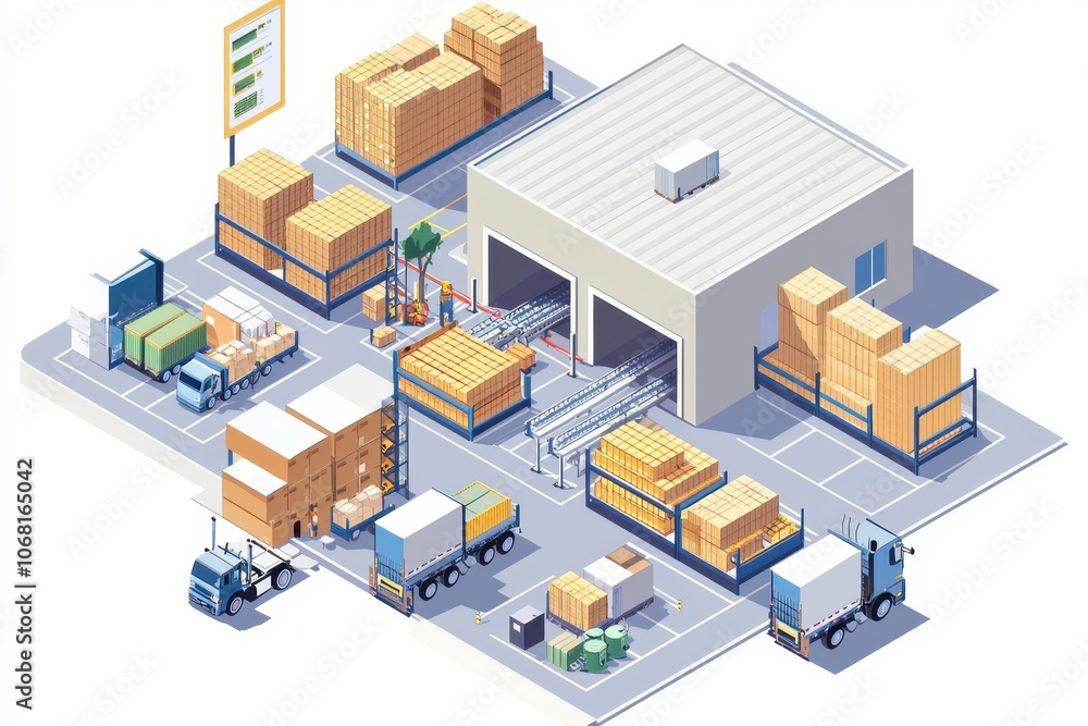 A colorful isometric illustration of a warehouse with storage areas, trucks, and goods being loaded and unloaded. A colorful isometric illustration of a warehouse with storage areas, trucks, and goods being loaded and unloaded.