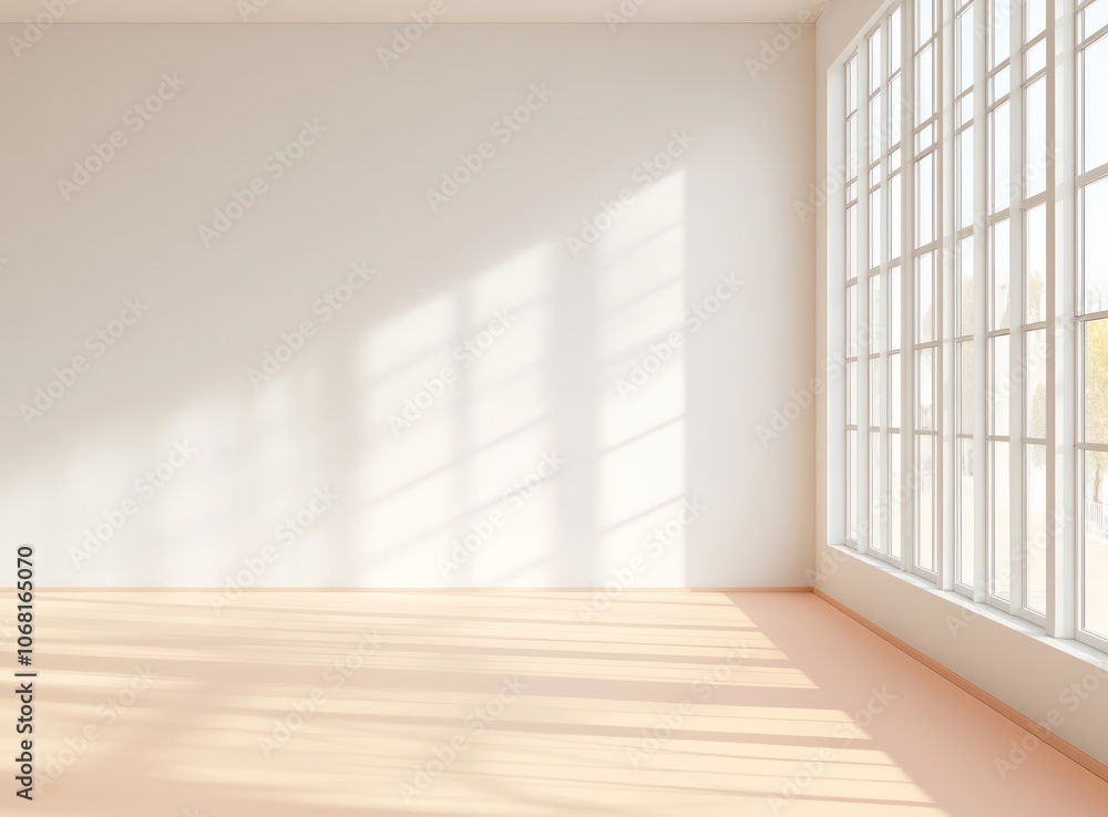 Room with white walls, large windows, and a soft peach floor, lit by sunlight. Room with white walls, large windows, and a soft peach floor, lit by sunlight.