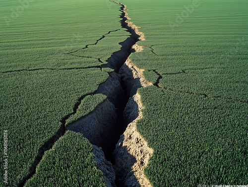 A powerful image of dry, cracked earth on one side, highlighting the effects of drought and environmental stress, contrasting with healthy soil on the other, showcasing the impact of climate change