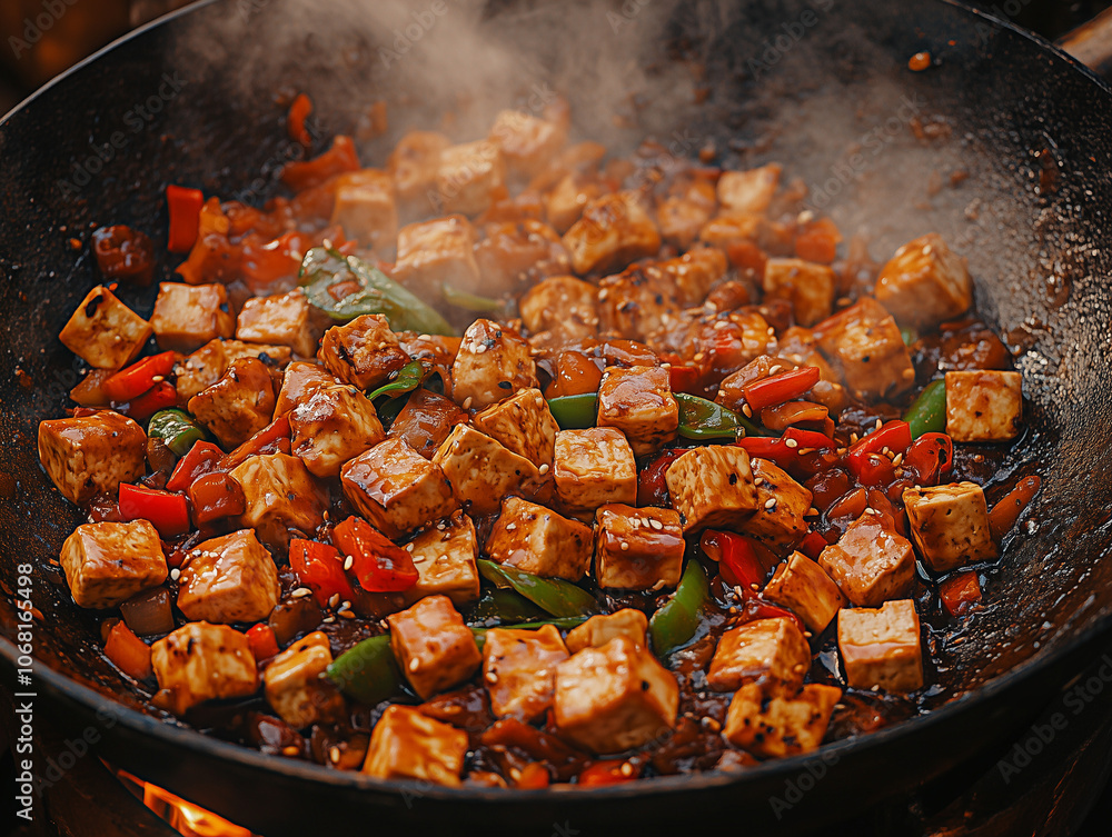 An up-close view of a sizzling stir-fry, with vibrant vegetables, tender meat, and a flavorful sauce, sizzling in a hot pan, creating a delicious, mouthwatering scene An up-close view of a sizzling stir-fry, with vibrant vegetables, tender meat, and a flavorful sauce, sizzling in a hot pan, creating a delicious, mouthwatering scene