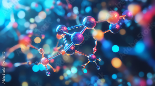 Visualization of combinatorial chemistry, with numerous colorful drug molecules dynamically interacting, merging, or splitting, representing potential compound variations photo