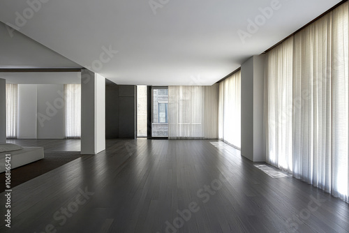 Bright and spacious modern interior with large windows and soft curtains in a minimalist setting