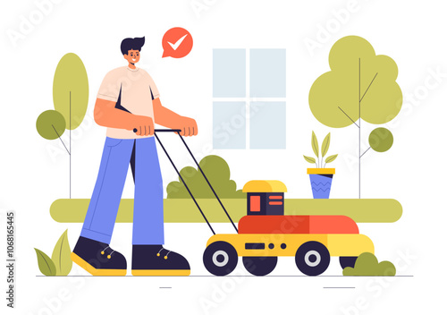 Lawn Mower Vector Illustration Featuring Grass Cutting, Trimming, and Care in a Summer Gardening Flat Style Cartoon Background