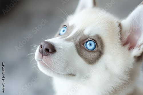 a white and gray dog with blue eyes