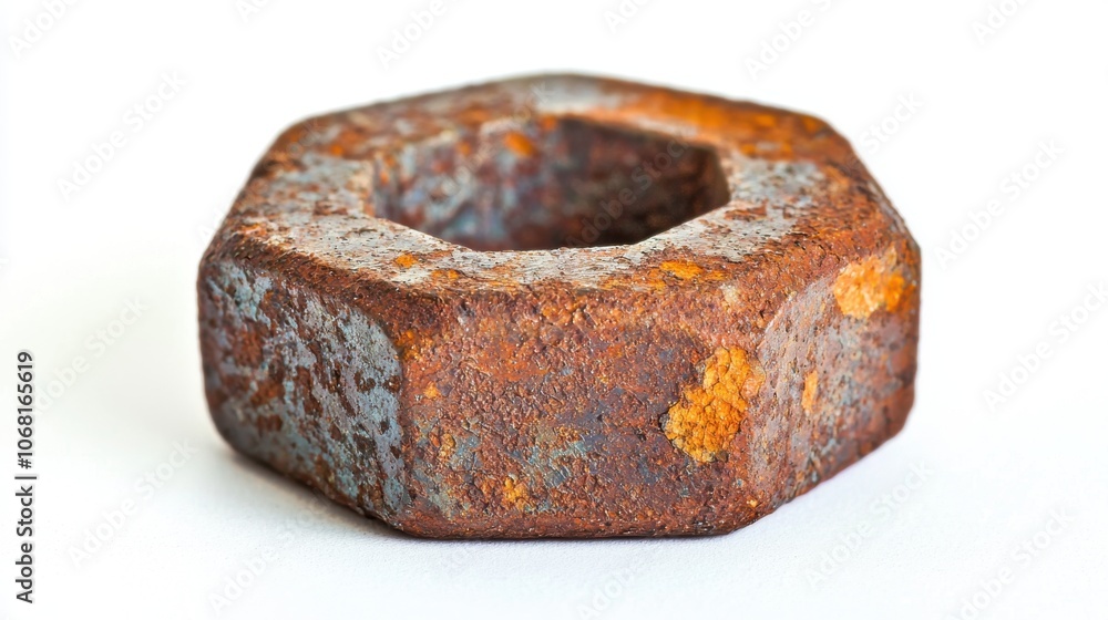 A rusty hexagonal nut, commonly used in mechanical applications, showcasing wear and corrosion over time. A rusty hexagonal nut, commonly used in mechanical applications, showcasing wear and corrosion over time.