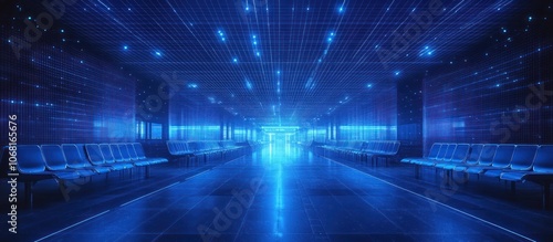 Futuristic blue neon hallway with rows of seats.