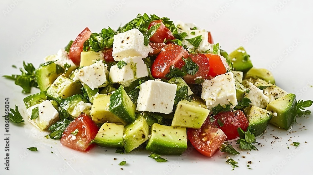Healthy green salad with avocado feta cheese and fresh vegetables isolated on white Healthy green salad with avocado feta cheese and fresh vegetables isolated on white