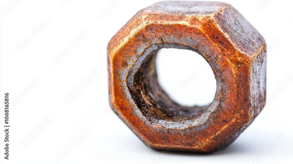 A close-up of a rusty hex nut, showcasing wear and corrosion, often used in machinery and construction. A close-up of a rusty hex nut, showcasing wear and corrosion, often used in machinery and construction.