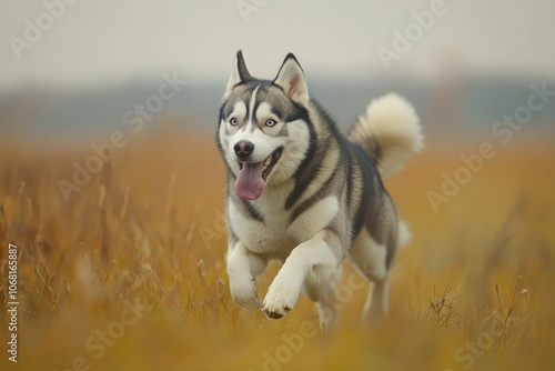 a husky dog running through a field of tall grass