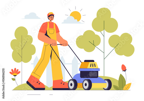 Lawn Mower Vector Illustration Featuring Grass Cutting, Trimming, and Care in a Summer Gardening Flat Style Cartoon Background