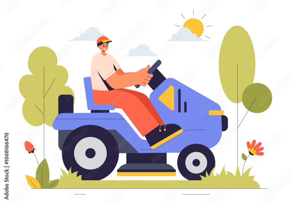 Lawn Mower Vector Illustration Featuring Grass Cutting, Trimming, and Care in a Summer Gardening Flat Style Cartoon Background Lawn Mower Vector Illustration Featuring Grass Cutting, Trimming, and Care in a Summer Gardening Flat Style Cartoon Background