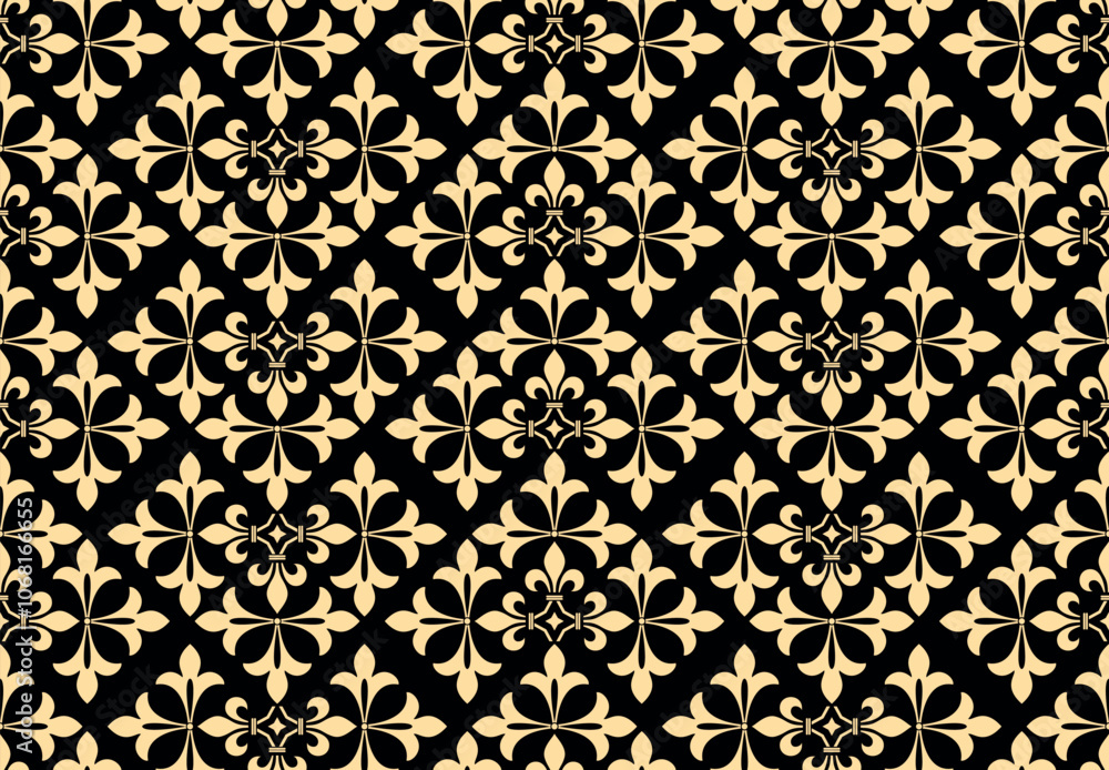 Flower geometric pattern. Seamless vector background. Golden and black ornament. Ornament for fabric, wallpaper, packaging. Decorative print Flower geometric pattern. Seamless vector background. Golden and black ornament. Ornament for fabric, wallpaper, packaging. Decorative print