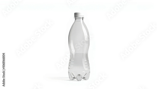 Clear plastic bottle of water sits on a white background