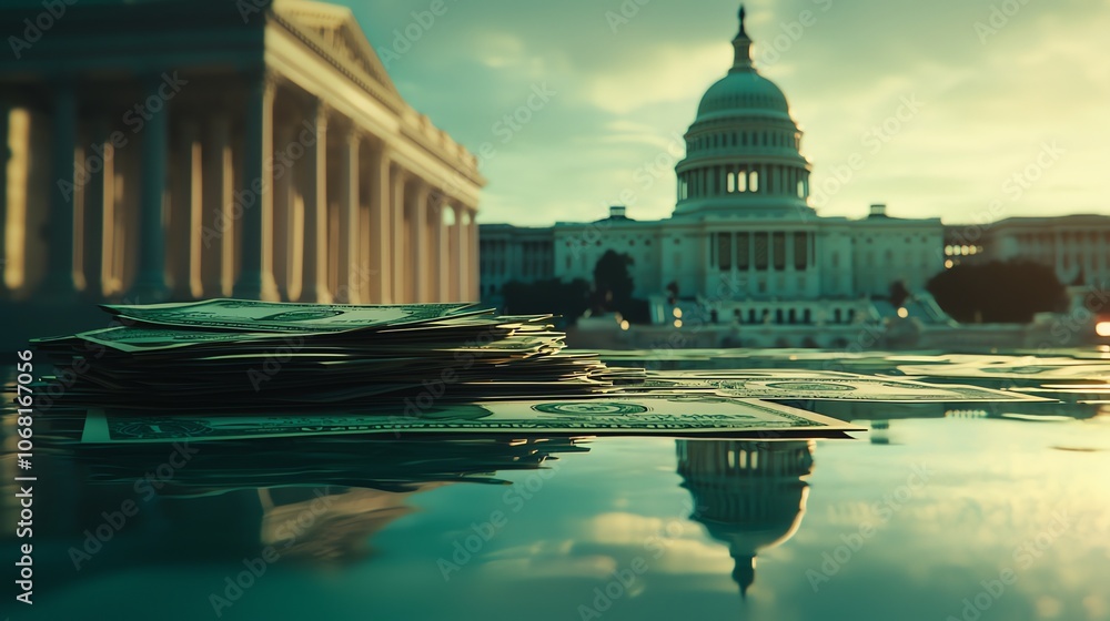 Fototapeta premium A stack of money in front of the U.S. Capitol during golden hour, reflecting the values of democracy and finance