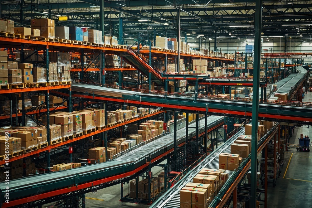 A bustling warehouse filled with stacked boxes on shelves, interconnected by conveyor systems for efficient inventory management. A bustling warehouse filled with stacked boxes on shelves, interconnected by conveyor systems for efficient inventory management.