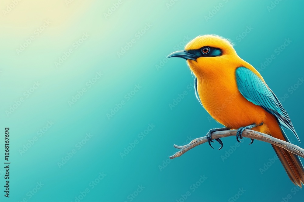 Fototapeta premium Colorful bird perched on branch vibrant blue green background