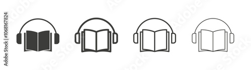 Audio book icon set vector in black and white colors