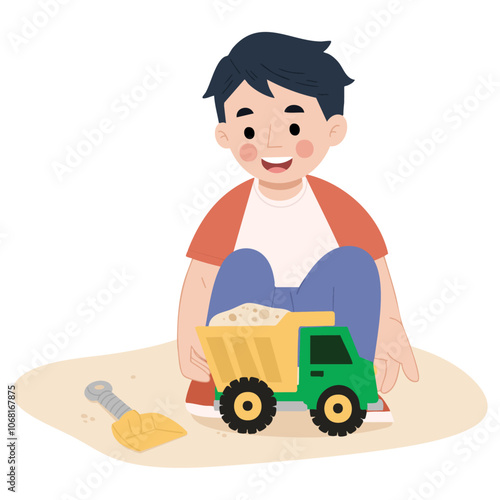 Illustration of a little boy playing with a toy truck