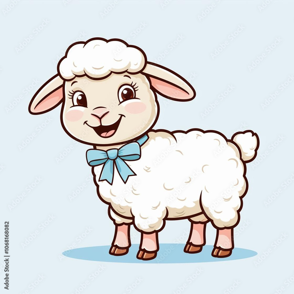 Contented lamb with tiny blue bow, soft wooly texture, cartoonish style, cheerful expression, white background, adorable character Contented lamb with tiny blue bow, soft wooly texture, cartoonish style, cheerful expression, white background, adorable character