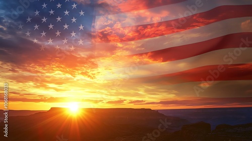 Majestic sunset over the canyon with American flag highlighting a serene landscape in the evening sky