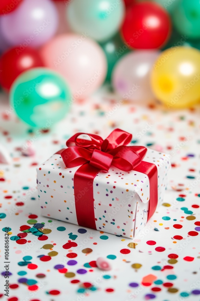 Luxury gift box tied with red ribbon bow on bright festive background. Celebrate Christmas, birthday, special occasion, vertical Luxury gift box tied with red ribbon bow on bright festive background. Celebrate Christmas, birthday, special occasion, vertical
