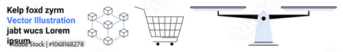 Blockchain network of connected cubes, shopping cart, and balance scale. Ideal for ecommerce, online marketplaces, logistics, supply chain, finance, technology, and digital trade themes. Banner