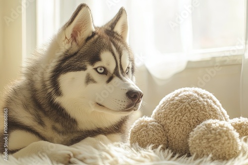 a husky dog laying next to a teddy bear