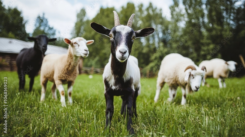 Playful Farm Animals in Green Pasture Playful Farm Animals in Green Pasture
