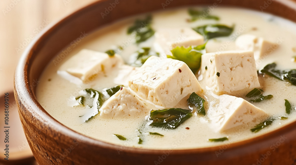 Tofu soup is served, featuring cubes of tofu and vibrant greens in a warm broth that invites sharing Tofu soup is served, featuring cubes of tofu and vibrant greens in a warm broth that invites sharing
