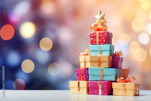 Multicolored gifts stacked on a bright festive background