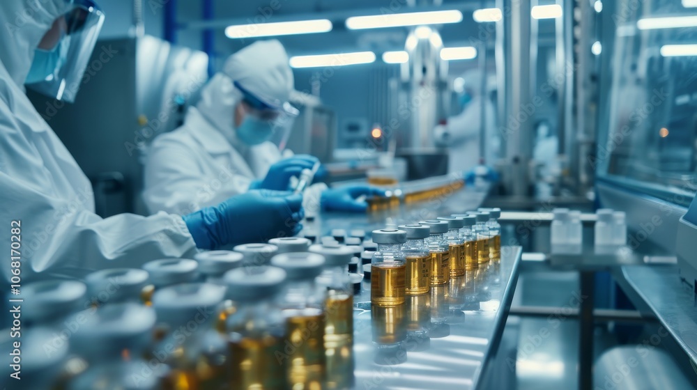 Scientists are conducting experiments in a modern pharmaceutical laboratory, utilizing advanced technology and working with vials on a conveyor belt, ensuring precision and safety in drug production Scientists are conducting experiments in a modern pharmaceutical laboratory, utilizing advanced technology and working with vials on a conveyor belt, ensuring precision and safety in drug production