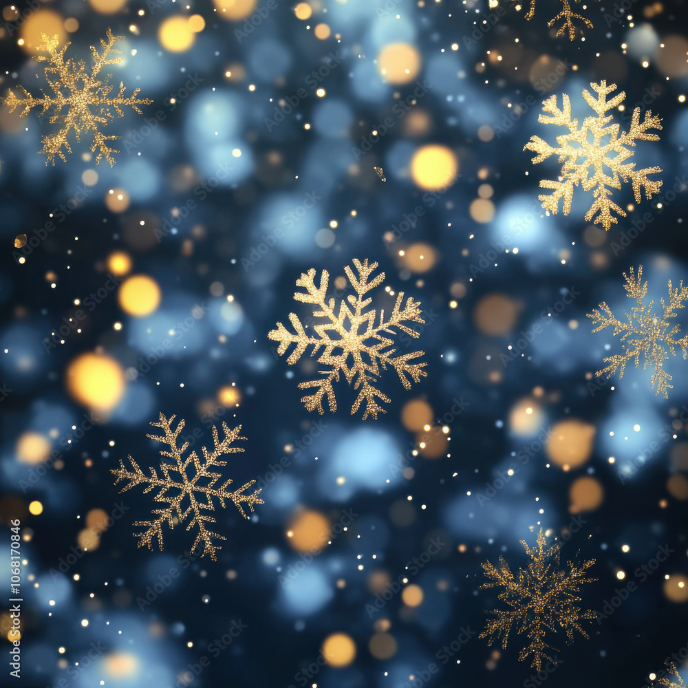 Golden snowflakes on dark blue background with shimmering bokeh lights create magical winter atmosphere, perfect for holiday themes and seasonal designs Golden snowflakes on dark blue background with shimmering bokeh lights create magical winter atmosphere, perfect for holiday themes and seasonal designs