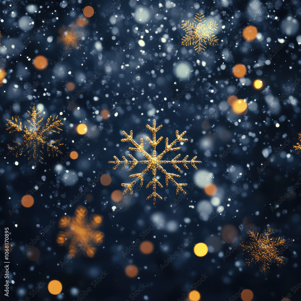 Golden snowflakes fall against dark blue background, creating magical winter scene filled with shimmering lights and soft bokeh effects Golden snowflakes fall against dark blue background, creating magical winter scene filled with shimmering lights and soft bokeh effects