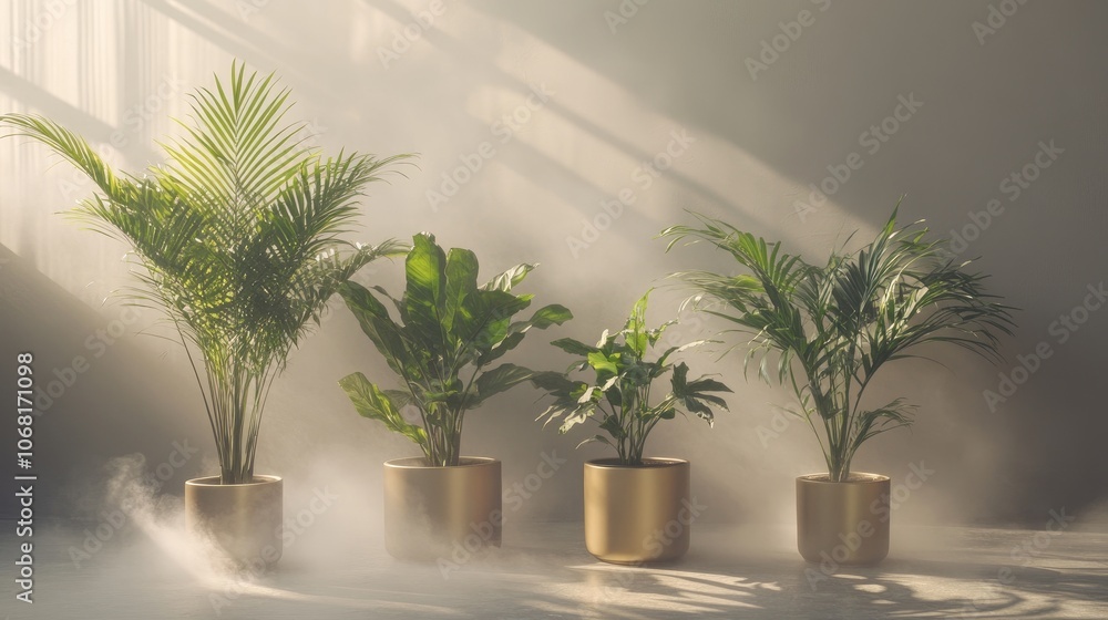 Lush Indoor Plants in Stylish Pots with Soft Lighting Lush Indoor Plants in Stylish Pots with Soft Lighting