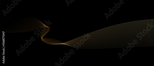 Abstract vector wavy lines flowing smooth curve gold gradient light color on black background in concept of luxury, technology, science, music, modern.