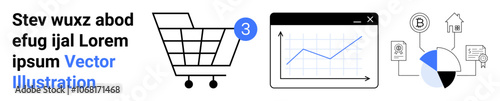 Shopping cart with three items, analytics chart, pie chart with interconnected icons. Ideal for e-commerce, analytics, data visualization, online business, shopping, digital marketing, web