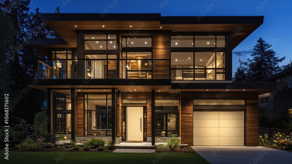 Two-story house at night, featuring modern wood and glass design with a cream door. Two-story house at night, featuring modern wood and glass design with a cream door.