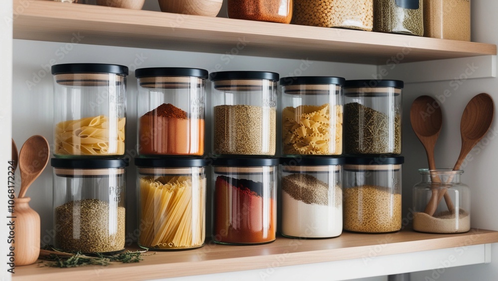 Organized Kitchen Shelf with Jars and Spices Organized Kitchen Shelf with Jars and Spices