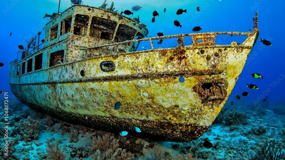 A rusty shipwreck sits on the ocean floor, surrounded by colorful fish A rusty shipwreck sits on the ocean floor, surrounded by colorful fish