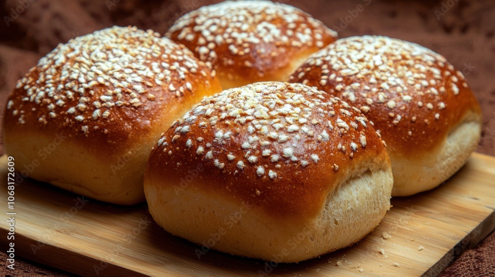 A close-up image of four freshly baked bread rolls topped with sesame seeds, arranged on a wooden board. A close-up image of four freshly baked bread rolls topped with sesame seeds, arranged on a wooden board.