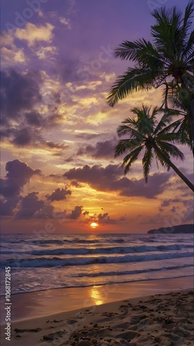 A Serene Evening by the Ocean: Palm Trees and Tranquil Sunset Reflections