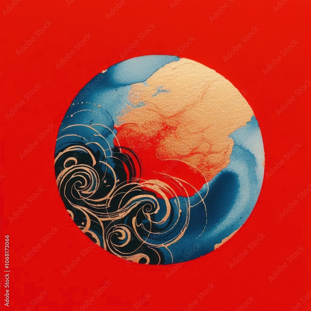 Abstract Japanese Wave Circle with Gold and Blue Brush Strokes on Red Background with Generative AI. Abstract Japanese Wave Circle with Gold and Blue Brush Strokes on Red Background with Generative AI.