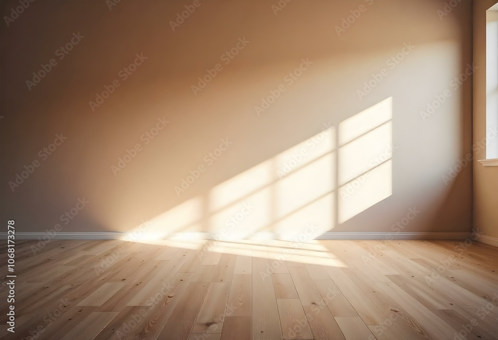 Empty room with wooden floor and a wall with sunlight streaming through a window Empty room with wooden floor and a wall with sunlight streaming through a window