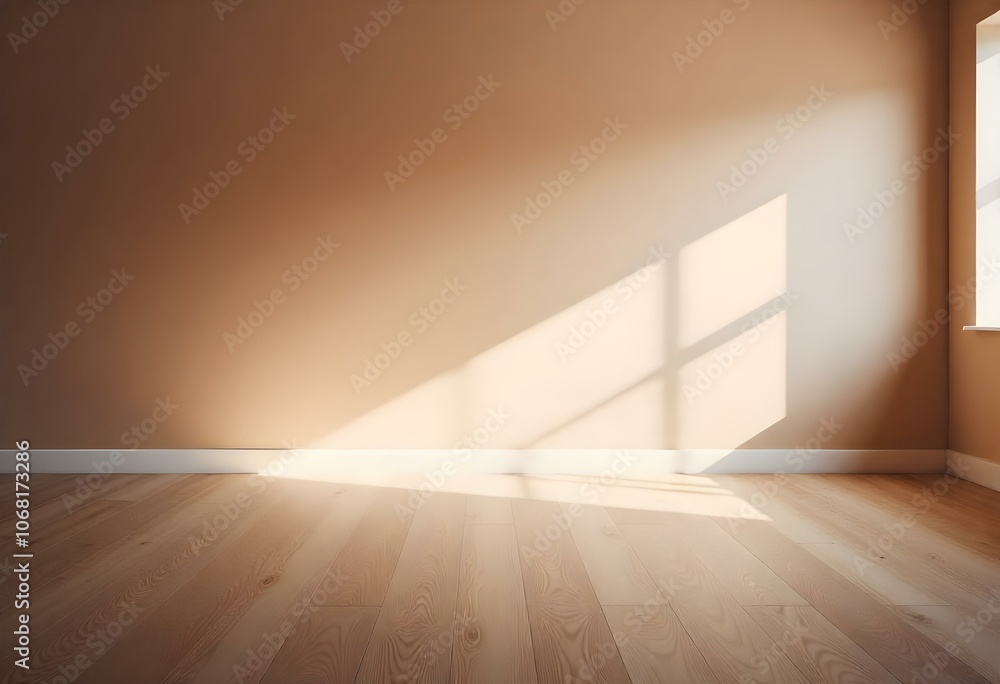 Empty room with wooden floor and a wall with sunlight streaming through a window Empty room with wooden floor and a wall with sunlight streaming through a window
